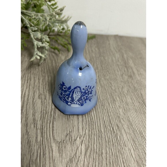 Vintage Blue White Porcelain Bell With Flowers And Praying Hands Cottage Country - Picture 1 of 7